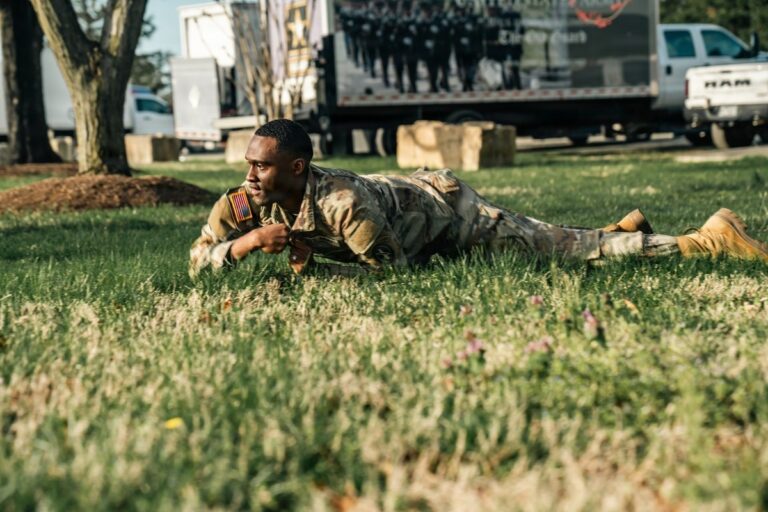 U.S. Army Soldier performs the 3-5 second rush during the Combat Field Test movement drill